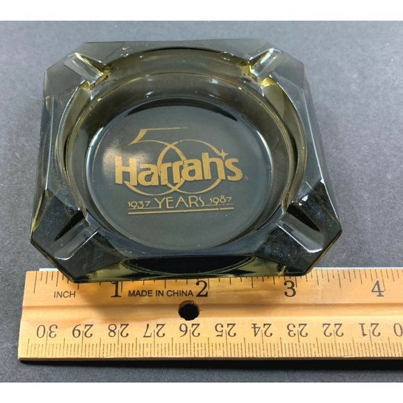 Harrahs 50th Annivesary Ashtray Smoked Glass Advertising Hotel Casino Nevada - Picture 5 of 7